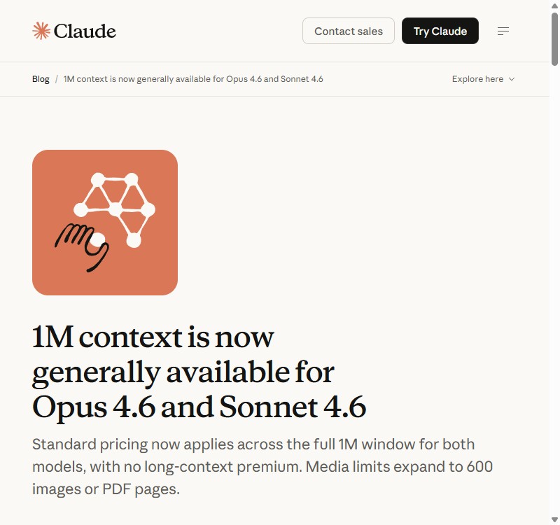 Anthropic Blog: 1M context GA